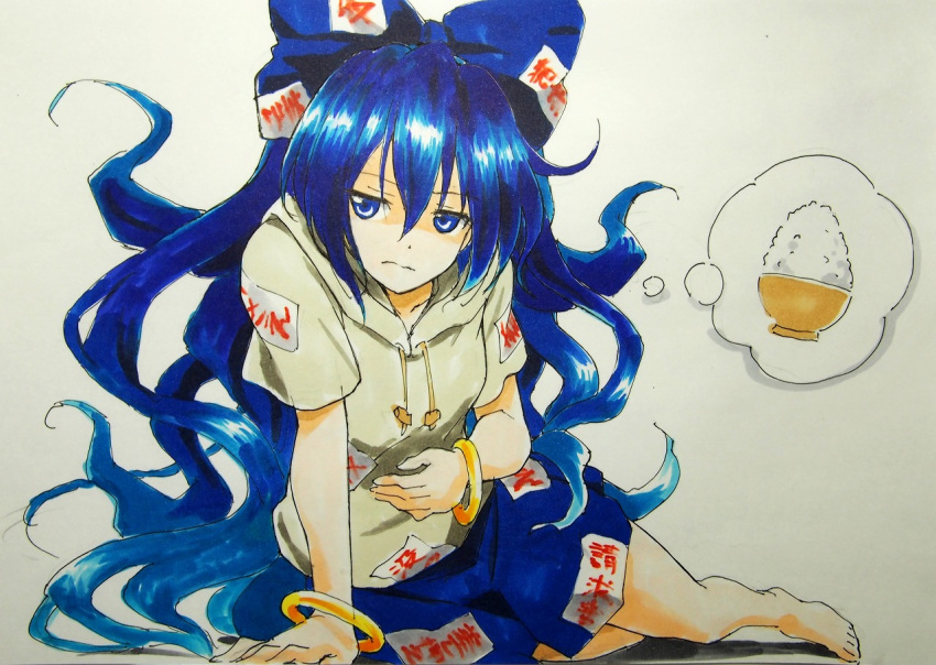 bangle bare_legs barefoot beluo77 blue_bow blue_eyes blue_hair blue_skirt bow bowl bracelet breasts closed_mouth grey_hoodie hair_bow hand_on_own_stomach hood hoodie hungry jewelry jitome long_hair looking_at_viewer messy_hair ofuda ofuda_on_clothes rice short_sleeves skirt small_breasts spoken_food thought_bubble toes touhou traditional_media yorigami_shion