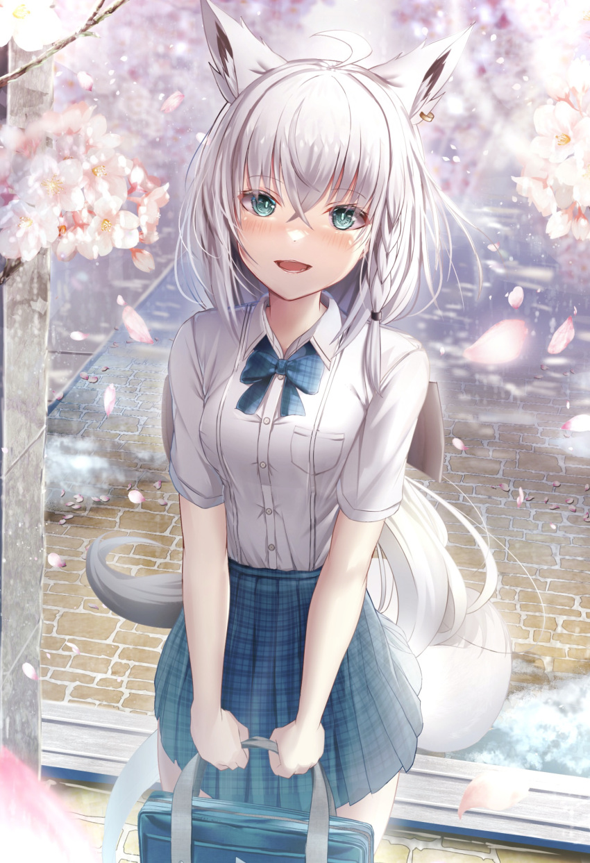 1girl absurdres ahoge animal_ear_fluff animal_ears bag bangs blue_bow blue_bowtie blue_skirt blush bow bowtie braid breasts cherry_blossoms commentary_request earrings eyebrows_visible_through_hair fox_ears fox_girl fox_tail green_eyes hair_between_eyes highres holding holding_bag hololive jewelry long_hair looking_at_viewer open_mouth outdoors petals plaid plaid_skirt pleated_skirt rimamo shirakami_fubuki shirt short_sleeves sidelocks single_braid skirt small_breasts smile solo tail virtual_youtuber white_hair white_shirt