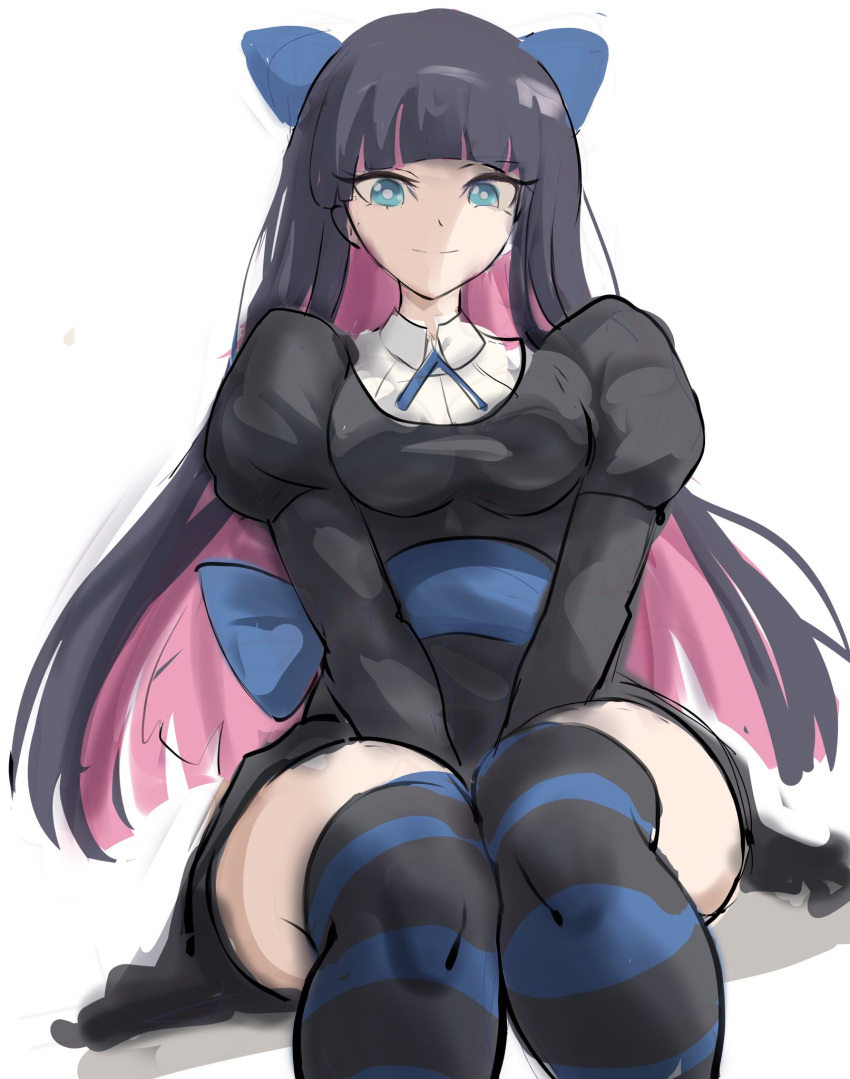 1girl bangs between_legs black_dress black_hair blue_bow blunt_bangs bow breasts collarbone colored_inner_hair commentary dress gothic hair_bow hand_between_legs highres huge_breasts long_hair looking_at_viewer multicolored_hair panty_&amp;_stocking_with_garterbelt rakeemspoon sideboob simple_background sitting sketch smile solo stocking_(psg) striped striped_legwear thick_thighs thigh-highs thighs two-tone_hair underwear white_background