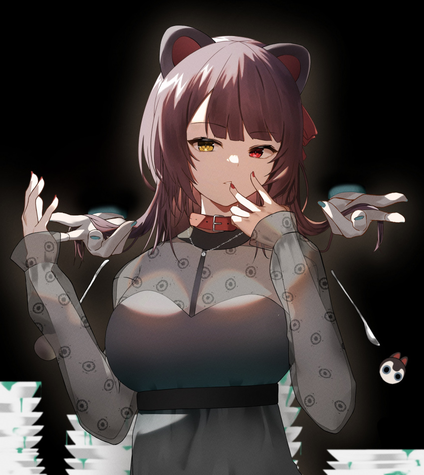 1girl animal_ears bangs black_dress breasts brown_hair bureoeve collar commentary_request dog_ears dress eyebrows_visible_through_hair hands_up heterochromia highres inui_toko large_breasts long_hair long_sleeves looking_at_viewer nail_polish nijisanji parted_lips plate red_collar red_eyes red_nails see-through_sleeves sleeves_past_wrists solo_focus upper_body virtual_youtuber yellow_eyes