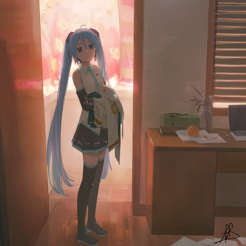 1girl absurdres black_footwear black_legwear black_skirt black_sleeves blinds blue_eyes blue_hair blue_necktie boots chinese_commentary closed_mouth collared_shirt commentary_request computer detached_sleeves food fruit full_body hatsune_miku highres holding holding_clothes indoors laptop linpiu long_hair looking_at_viewer necktie orange_(fruit) paper plant potted_plant shirt signature skirt sleeveless sleeveless_shirt smile solo standing thigh-highs thigh_boots twintails vase very_long_hair vocaloid white_shirt wooden_floor