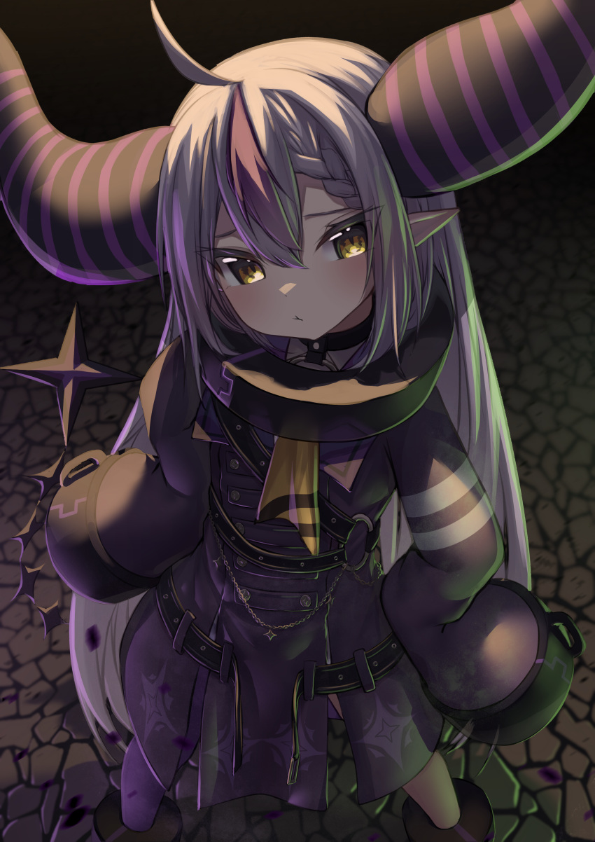 1girl absurdres ahoge collar commentary demon_girl demon_horns from_below hair_between_eyes hands_on_hips highres hololive horns huge_horns inaba_teitoku la+_darknesss long_hair looking_at_viewer metal_collar multicolored_hair purple_hair silver_hair sleeves_past_fingers sleeves_past_wrists solo standing streaked_hair striped_horns virtual_youtuber yellow_eyes