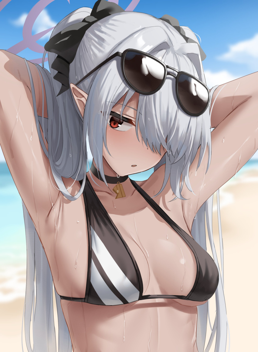 1girl absurdres arms_behind_head arms_up bangs beach bikini black_bikini blue_archive blurry blurry_background breasts breasts_apart choker dark-skinned_female dark_skin eyewear_on_head greyscale hair_intakes hair_over_one_eye halo hand_in_hair highres horizon iori_(blue_archive) long_hair looking_at_viewer medium_breasts monochrome parted_lips pointy_ears red_eyes sand shengtian solo string_bikini sunglasses swimsuit twintails upper_body water wet