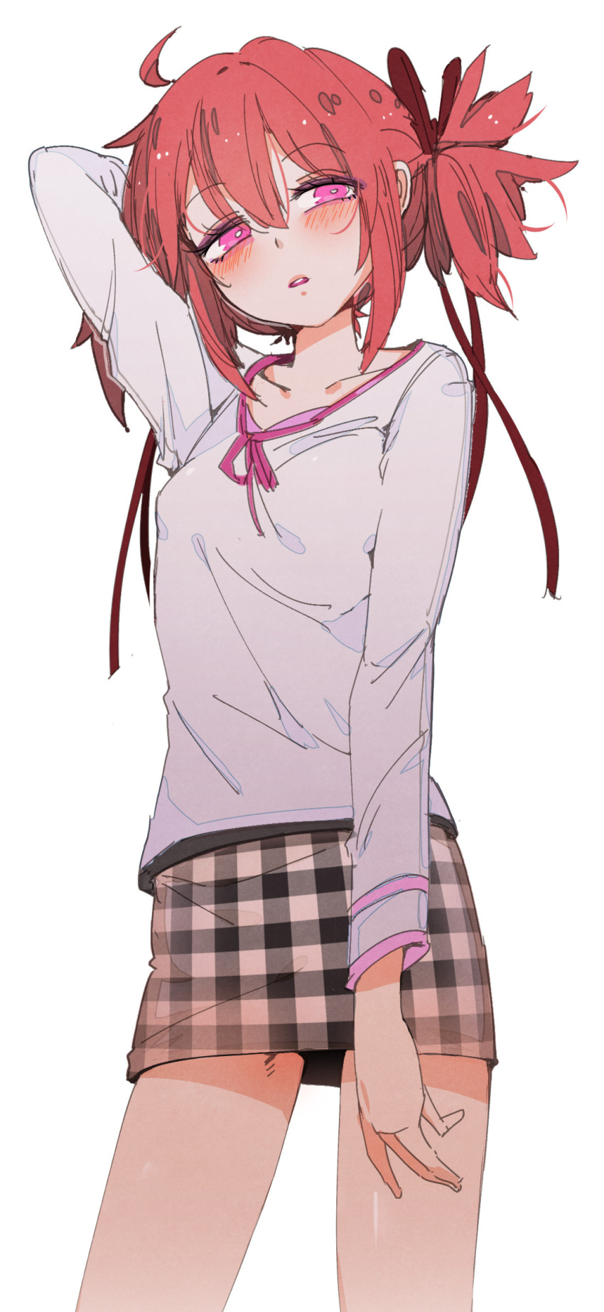 1girl absurdres arm_behind_head arm_up at2. blush character_request checkered_clothes checkered_skirt collarbone copyright_request eyebrows_visible_through_hair highres long_sleeves looking_at_viewer parted_lips pink_eyes redhead shirt short_hair short_twintails skirt solo twintails white_shirt