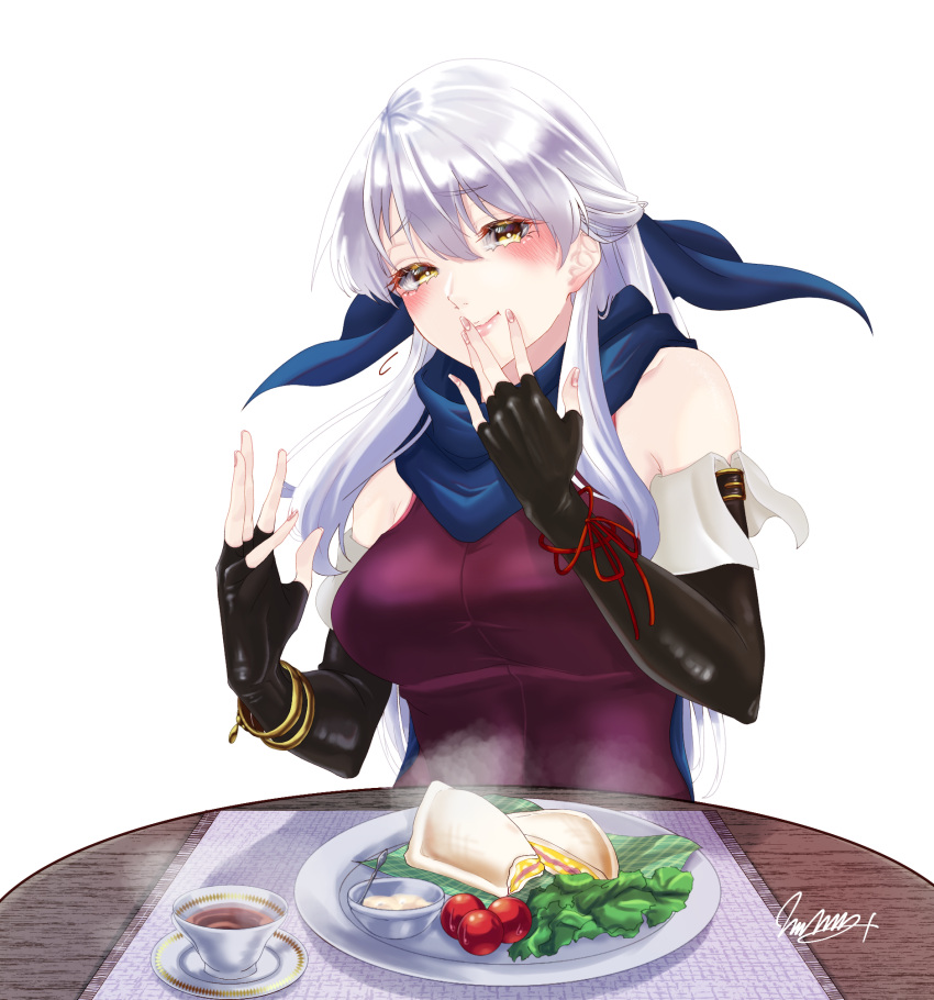 1girl bangle bangs bare_shoulders black_gloves blue_scarf blush bracelet breasts commission cup dress elbow_gloves fingerless_gloves fire_emblem fire_emblem:_radiant_dawn food gloves hair_ribbon half_updo highres jewelry large_breasts long_hair looking_at_viewer marth-chan_(micaiah_mrmm) micaiah_(fire_emblem) plate pov ribbon scarf shiny shiny_clothes signature silver_hair simple_background sleeveless sleeveless_dress smile solo steam table tea teacup upper_body white_background yellow_eyes