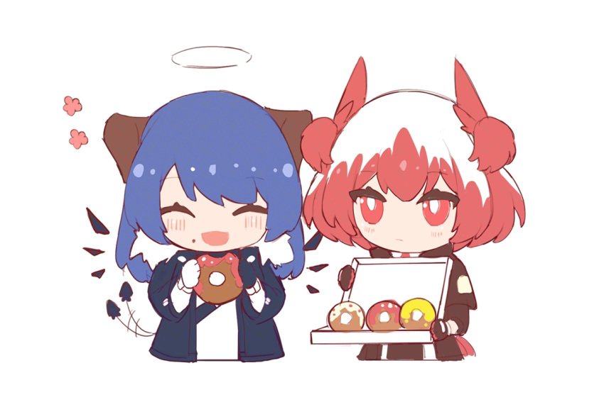 2girls :d animal_ears arknights asymmetrical_gloves bird_ears bird_girl bird_tail black_gloves black_jacket black_wings blue_hair blush box chibi closed_eyes cropped_torso dark_halo demon_horns demon_tail detached_wings doughnut eating energy_wings eyebrows_visible_through_hair food food_on_face gloves halo happy holding holding_box holding_food horns jacket long_hair luren_max medium_hair mismatched_gloves mostima_(arknights) multicolored_hair multiple_girls necktie open_clothes open_jacket red_eyes red_necktie redhead shirt simple_background smile streaked_hair suffering_(arknights) tail tail_wagging white_background white_gloves white_hair white_shirt wings
