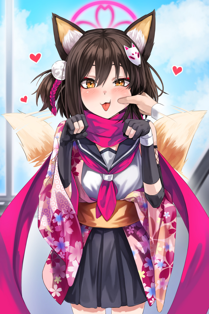 1girl absurdres animal_ears bangs blue_archive blush brown_eyes brown_hair cheek_pull clouds disembodied_limb fang floral_print fox_ears fox_girl fox_tail gloves hair_between_eyes hair_ornament heart highres izuna_(blue_archive) japanese_clothes ldl_(bcw1025) neckerchief one_side_up partially_fingerless_gloves paw_pose pink_neckerchief sailor_collar school_uniform serafuku short_hair sky solo_focus tail tail_wagging tongue tongue_out window