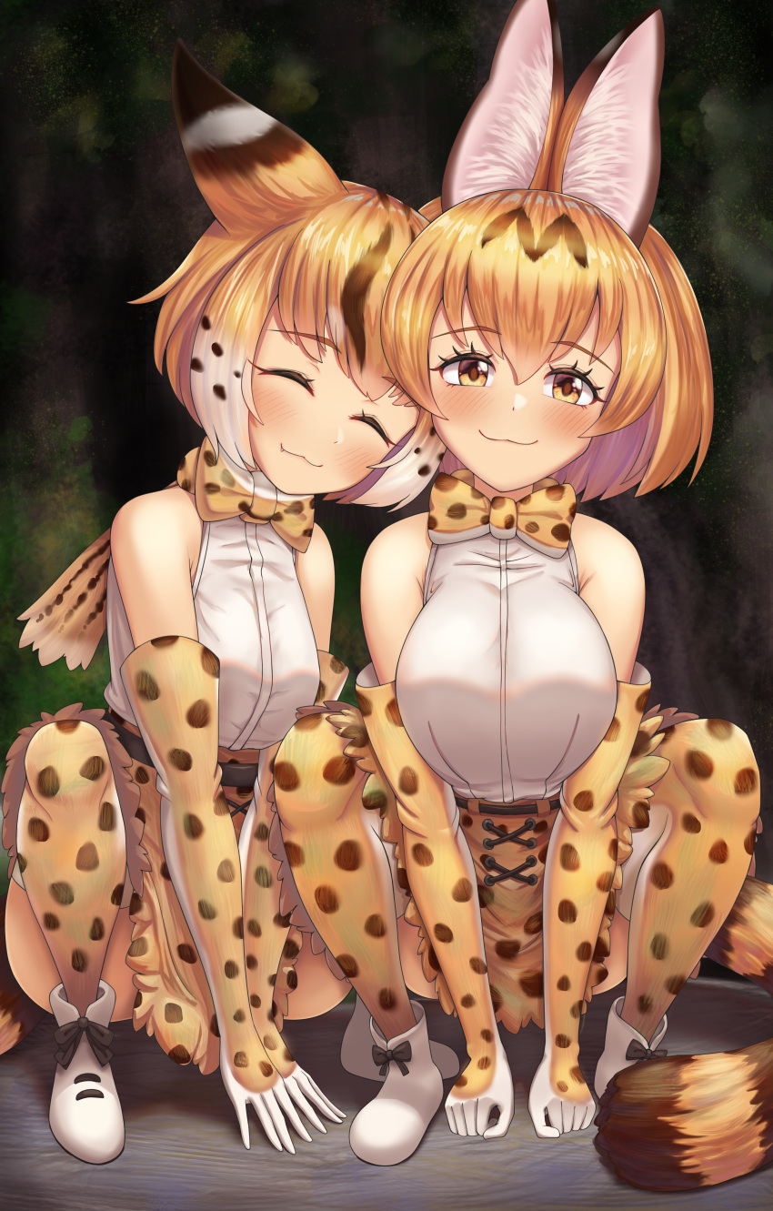 2girls :3 absurdres alternate_design animal_ear_fluff animal_ears bangs bare_shoulders black_hair blonde_hair blurry blurry_background blush bow bowtie breasts closed_eyes closed_mouth day dual_persona elbow_gloves eyebrows_visible_through_hair fang fang_out full_body gloves hair_between_eyes head_tilt highres kemono_friends looking_at_viewer medium_hair multicolored_hair multiple_girls neukkom outdoors photo-referenced print_bow print_bowtie print_gloves print_skirt scarf serval_(kemono_friends) serval_print shirt skirt sleeves_past_wrists smile spread_legs squatting tail thigh-highs v_arms white_hair white_shirt yellow_eyes