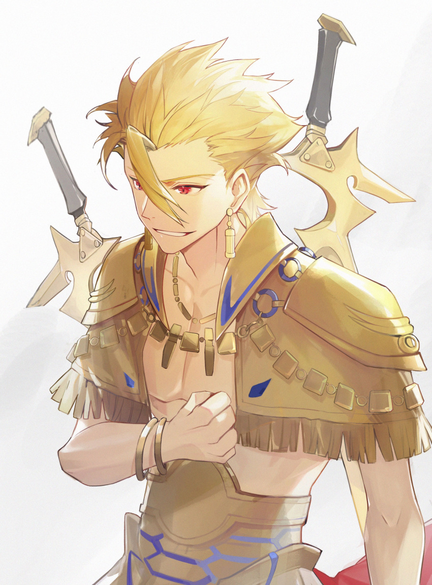 1boy abs absurdres armor bare_pectorals blonde_hair chinese_commentary collarbone earrings enki_(fate/prototype) fate/prototype fate_(series) fringe_trim gilgamesh_(fate/prototype) gold_armor hand_on_own_chest highres jewelry kk7_000 looking_at_viewer male_focus necklace open_clothes open_mouth pectorals red_eyes simple_background smile solo spiky_hair teeth upper_body