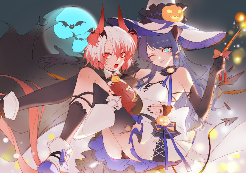 2girls :o absurdres alternate_costume animal_ears arknights ascot ass asymmetrical_legwear bare_shoulders bat bird_ears black_cape black_collar black_gloves black_headwear black_legwear black_panties black_wings blue_ascot blue_eyes blue_moon blue_tongue blush boots bow breasts cape carrying cleavage_cutout clothing_cutout collar colored_tongue demon_girl demon_horns demon_tail detached_sleeves detached_wings dress ear_piercing elbow_gloves energy_wings eyebrows_visible_through_hair fangs gloves hair_between_eyes halloween_costume hat hat_ornament highres holding holding_wand horns long_hair looking_at_viewer luren_max moon mostima_(arknights) multicolored_hair multiple_girls off-shoulder_dress off_shoulder one_eye_closed open_mouth panties piercing princess_carry pumpkin pumpkin_hat_ornament red_bow red_eyes redhead short_hair single_sock single_thighhigh small_breasts socks streaked_hair suffering_(arknights) tail thigh-highs underwear v-shaped_eyebrows wand white_dress white_footwear white_hair wings witch_hat yuri