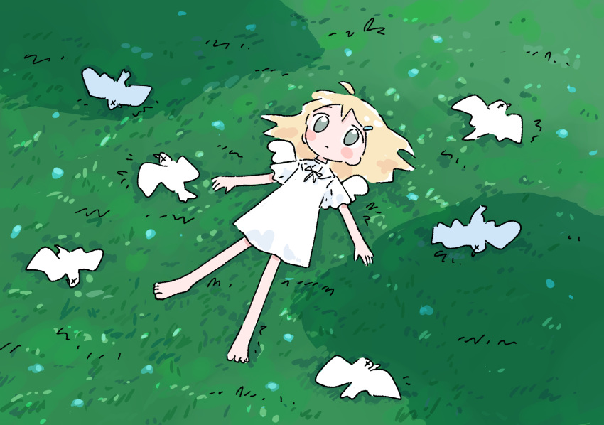 1girl 1nupool ahoge barefoot bird blonde_hair blush_stickers commentary death dress grass green_eyes highres long_hair lying on_back original outdoors wings x_x