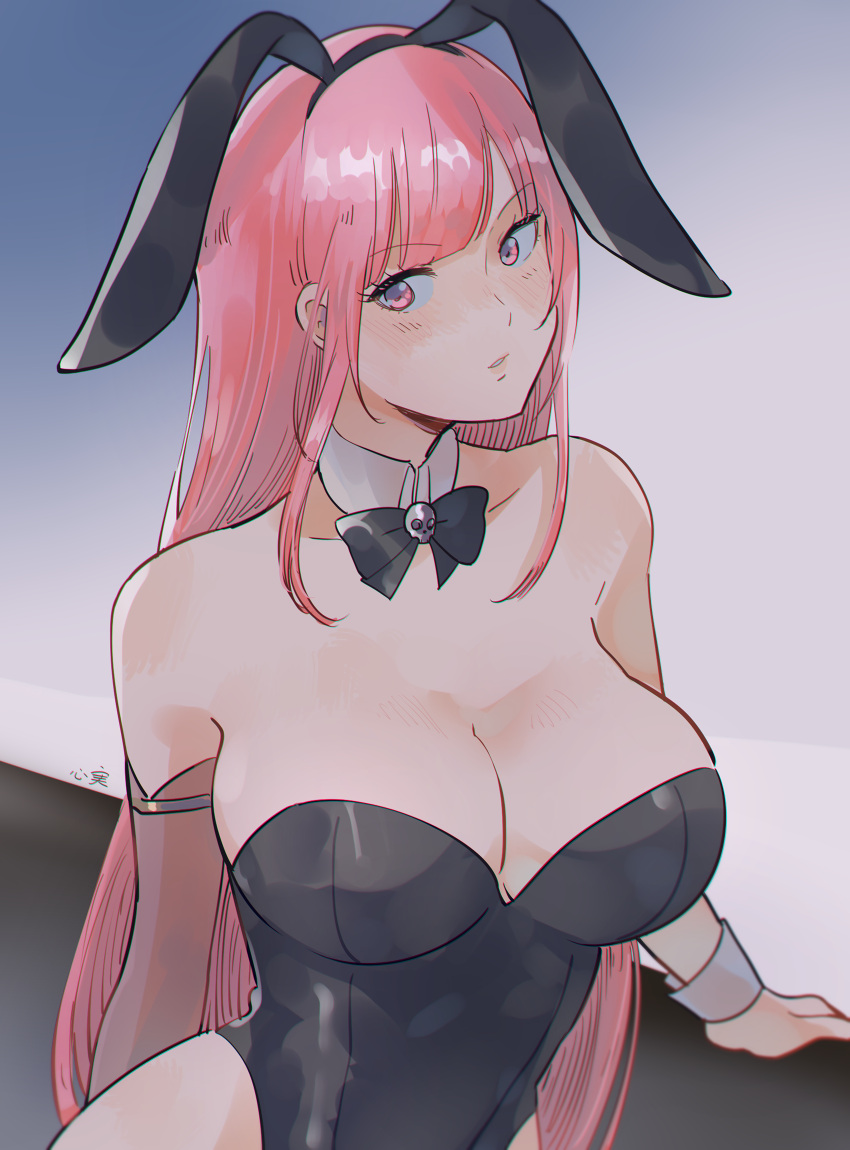 1girl alternate_costume animal_ears bangs bare_shoulders black_bow black_bowtie black_leotard blunt_bangs blush bow bowtie breasts collarbone detached_collar elbow_gloves fake_animal_ears gloves highres hololive hololive_english kokomi_(aniesuakkaman) large_breasts leotard long_hair looking_to_the_side mori_calliope parted_lips pink_eyes pink_hair playboy_bunny rabbit_ears single_elbow_glove solo straight_hair upper_body very_long_hair virtual_youtuber wrist_cuffs
