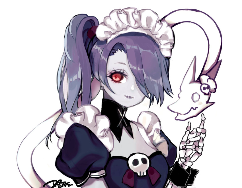 1boy 1girl colored_skin detached_collar dotcube hair_over_one_eye highres leviathan_(skullgirls) looking_at_viewer maid maid_headdress ponytail red_eyes side_ponytail signature simple_background skeletal_arm skull skullgirls squigly_(skullgirls) stitched_mouth stitches white_background white_skin zombie