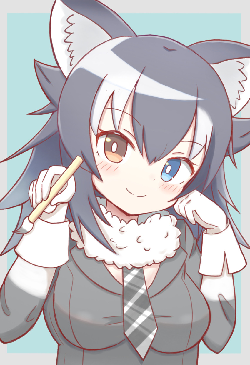 1girl animal_ear_fluff animal_ears black_hair black_jacket blue_background blue_eyes blush breasts brown_eyes closed_mouth commentary_request diagonal-striped_neckwear diagonal_stripes gloves grey_background grey_wolf_(kemono_friends) heterochromia highres holding holding_paintbrush jacket kemono_friends long_sleeves looking_at_viewer medium_breasts multicolored_hair paintbrush smile solo striped sunanuko_(ramuneko) two-tone_background two-tone_hair upper_body white_gloves white_hair wolf_ears