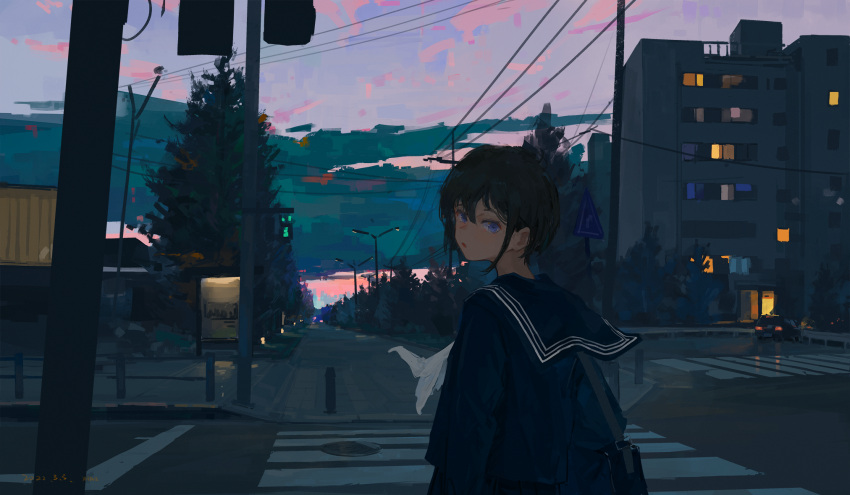 1girl bag black_hair blue_eyes blue_sailor_collar blue_serafuku building car clouds commentary crosswalk dusk ground_vehicle highres long_sleeves looking_at_viewer looking_back motor_vehicle neckerchief original outdoors parted_lips pedestrian_lights power_lines road_sign sailor_collar school_bag short_hair sign solo sunset tree upper_body utility_pole white_neckerchief xilmo