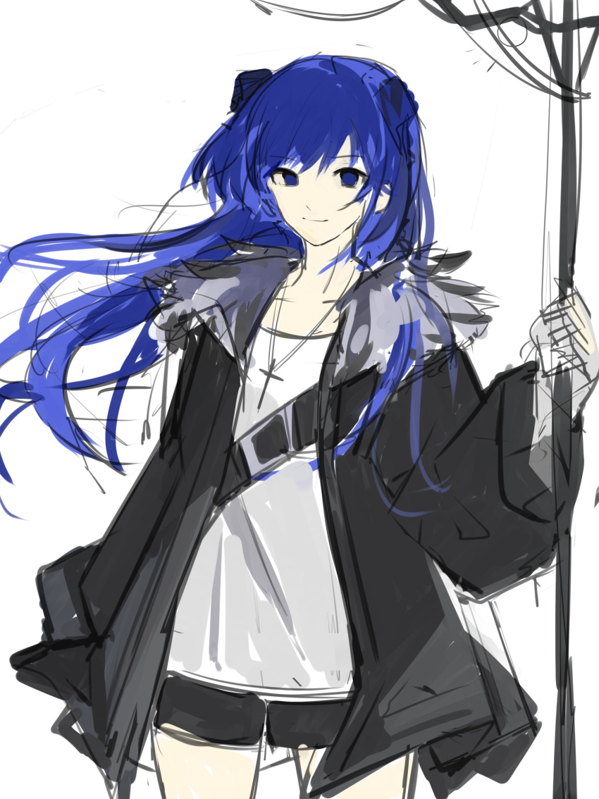 1girl arknights black_jacket black_shorts blue_eyes blue_hair collarbone cowboy_shot cross cross_necklace dark_halo demon_horns dumenggu eyebrows_visible_through_hair fur-trimmed_jacket fur_trim highres holding holding_staff horns jacket jewelry long_hair long_sleeves looking_at_viewer mostima_(arknights) necklace open_clothes open_jacket shirt short_shorts shorts simple_background sketch smile solo staff unfinished white_background white_shirt wind