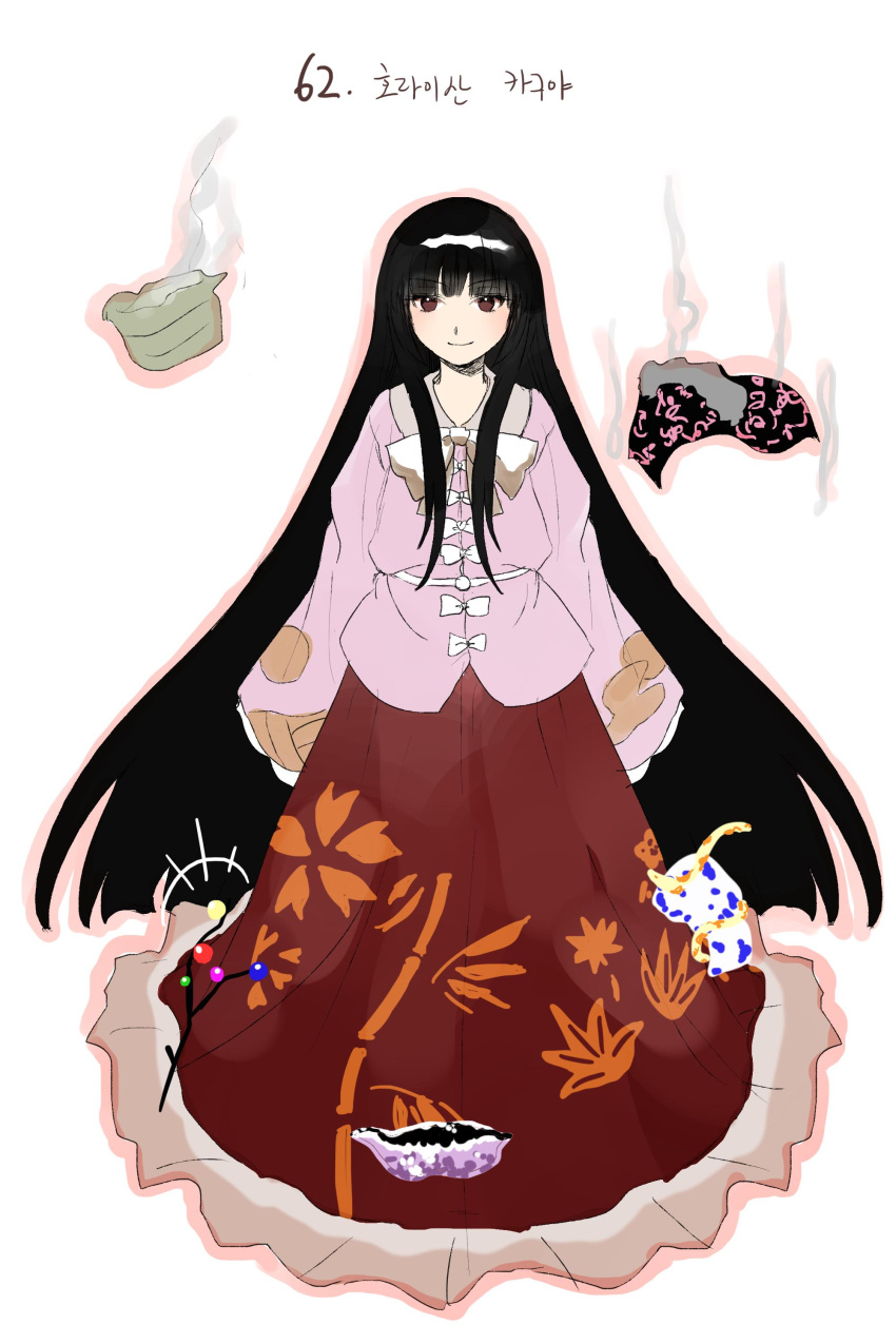 1girl absurdres bangs black_hair blunt_bangs bow bowtie branch brown_eyes closed_mouth commentary_request derivative_work frilled_skirt frilled_sleeves frills full_body highres hime_cut houraisan_kaguya imperishable_night japanese_clothes jeweled_branch_of_hourai korean_commentary kuya_(hey36253625) long_hair long_skirt long_sleeves pink_shirt red_skirt sash shirt sidelocks simple_background skirt sleeves_past_fingers sleeves_past_wrists smile touhou translation_request very_long_hair white_background white_bow white_bowtie wide_sleeves