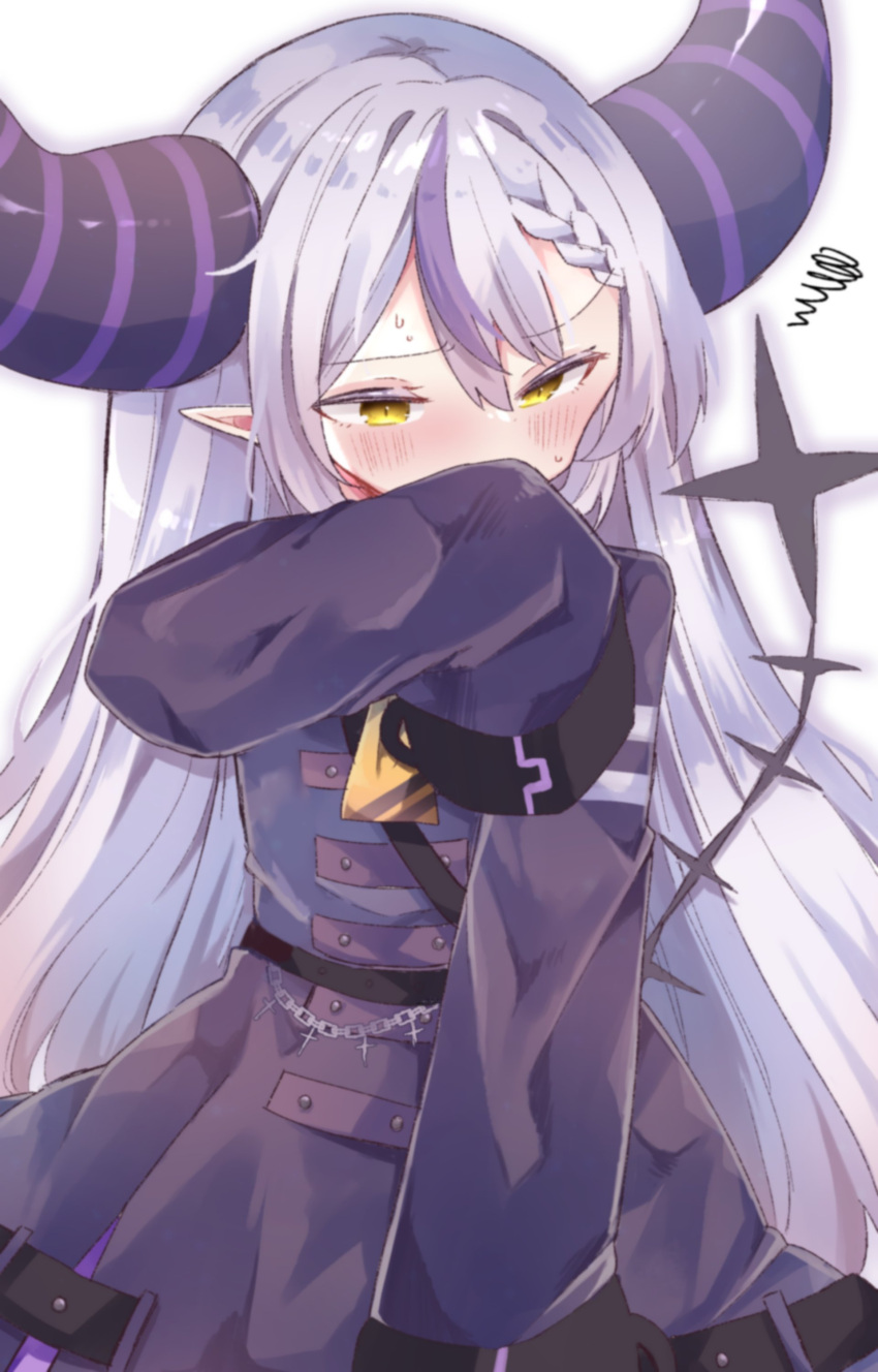 1girl absurdres bangs beiga black_jacket blush covered_mouth eyebrows_visible_through_hair flat_chest grey_hair hair_behind_ear highres hololive horns jacket la+_darknesss long_hair multicolored_hair pointy_ears purple_hair sleeves_past_fingers sleeves_past_wrists solo squiggle streaked_hair tail very_long_hair virtual_youtuber white_background yellow_eyes