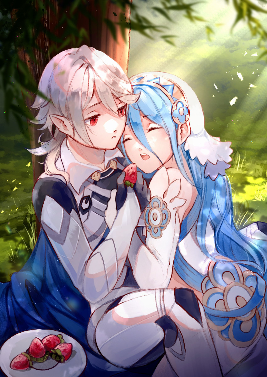 1boy 1girl absurdres armor azura_(fire_emblem) bangs bare_shoulders black_gloves blue_cape blue_hair cape closed_eyes commentary commission corrin_(fire_emblem) corrin_(fire_emblem)_(male) creyton detached_sleeves dress english_commentary eyebrows_visible_through_hair feeding fire_emblem fire_emblem_fates food fruit gloves grass hair_between_eyes head_on_another's_shoulder highres holding holding_food holding_fruit long_hair open_mouth outdoors plate pointy_ears red_eyes short_hair silver_hair sitting strawberry teeth tree upper_teeth veil very_long_hair white_dress
