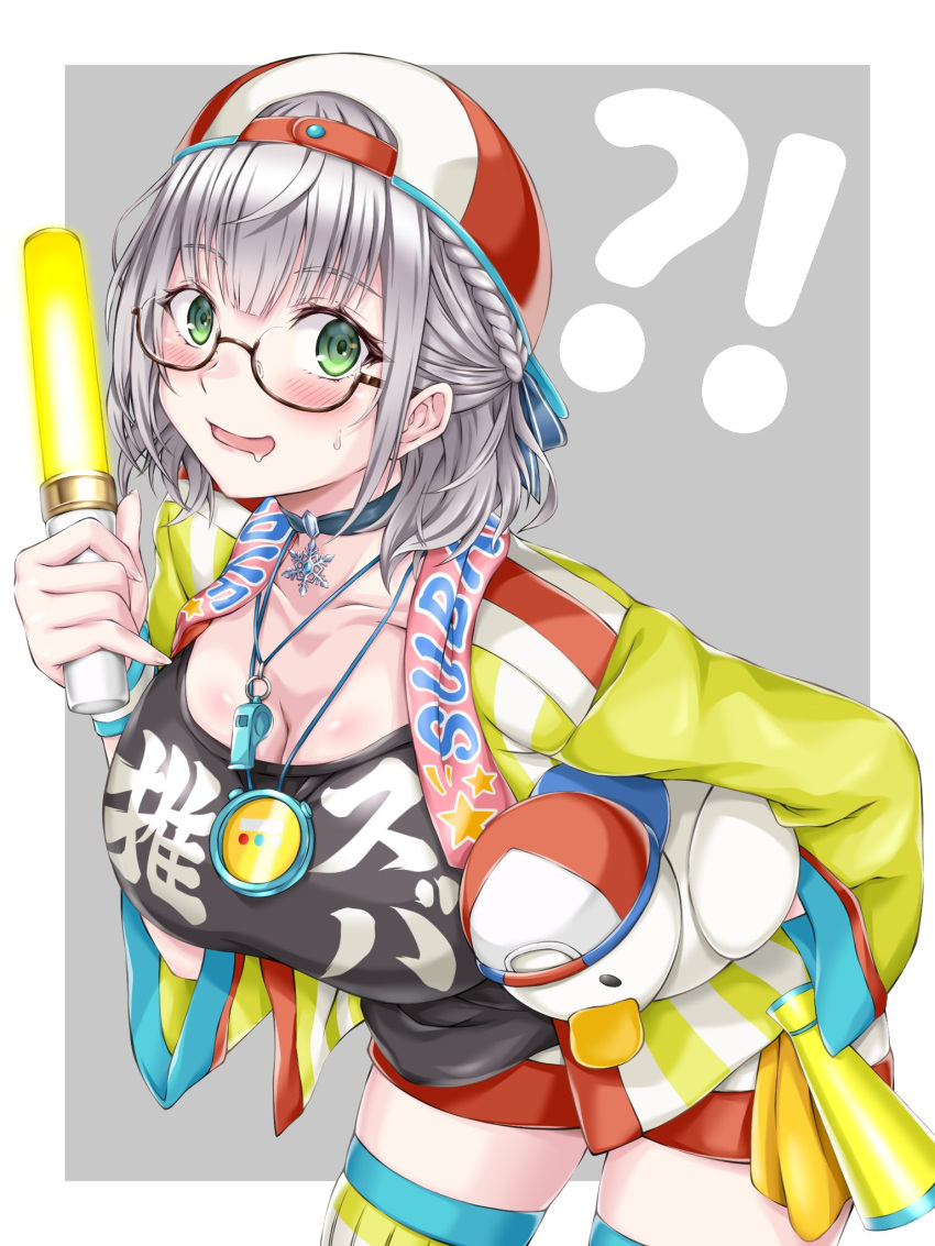 !? 1girl backwards_hat bangs baseball_cap blue_choker blush braid breasts choker clothes_writing cosplay cowboy_shot eyebrows_visible_through_hair glasses green_eyes hat highres holding holding_glowstick holding_stuffed_toy hololive jacket large_breasts leaning_forward long_hair long_sleeves medium_hair oozora_subaru oozora_subaru_(cosplay) open_clothes open_jacket open_mouth orendji shirogane_noel short_shorts shorts silver_hair simple_background solo stopwatch_around_neck stuffed_animal stuffed_duck stuffed_toy subaru_duck thigh-highs virtual_youtuber whistle whistle_around_neck
