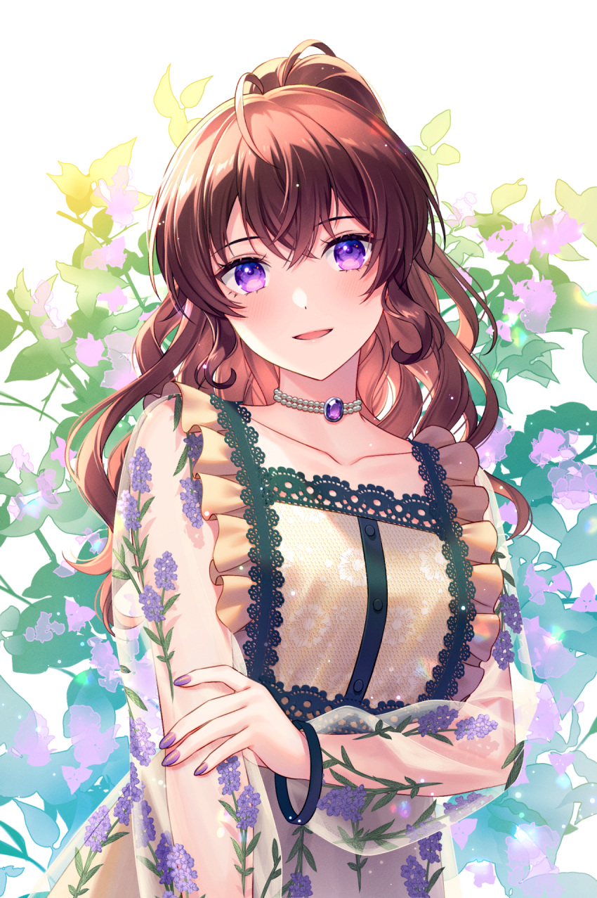 1girl akatsuki_(4941086) amethyst_(gemstone) bangs blush brown_hair collarbone commentary_request dress floral_print flower highres long_hair looking_at_viewer nail_polish open_mouth original pink_nails ponytail revision see-through_sleeves smile solo upper_body violet_eyes