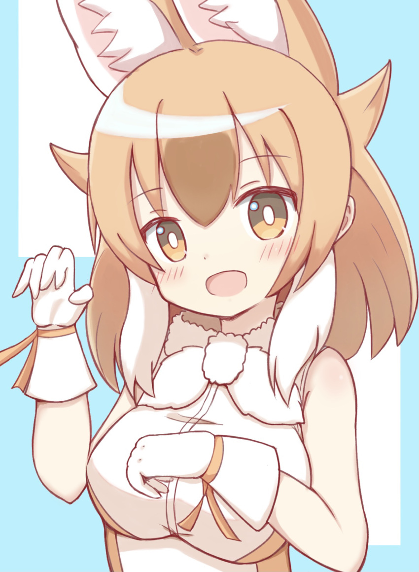 1girl :d animal_ear_fluff animal_ears bare_shoulders blue_background blush breasts brown_eyes brown_hair commentary_request dhole_(kemono_friends) gloves highres kemono_friends long_hair looking_at_viewer medium_breasts multicolored_hair shirt sleeveless sleeveless_shirt smile solo sunanuko_(ramuneko) two-tone_background two-tone_hair upper_body white_background white_gloves white_hair white_shirt