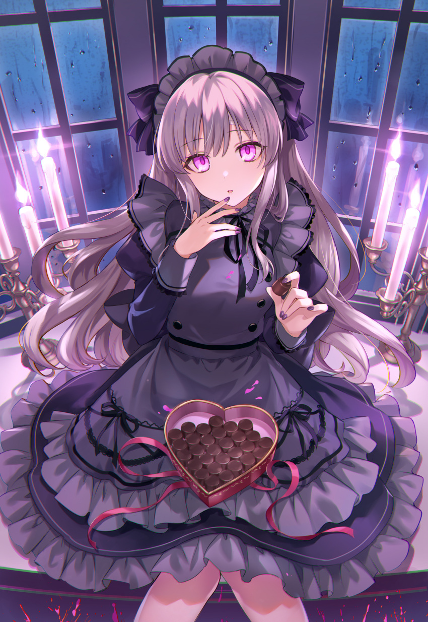 1girl back_bow bangs black_ribbon bow box box_of_chocolates candle candlelight candlestand chocolate dress feet_out_of_frame finger_to_mouth fire food frilled_dress frilled_hairband frills from_above hair_ribbon hairband hands_up heart-shaped_box highres holding holding_chocolate holding_food idolmaster idolmaster_shiny_colors iku2727 indoors juliet_sleeves knees_together_feet_apart long_hair long_sleeves looking_at_viewer nail_polish neck_ribbon parted_lips puffy_sleeves purple_dress purple_hair purple_nails purple_ribbon rain red_ribbon ribbon silver_hair sitting solo splatter very_long_hair violet_eyes window windowsill yuukoku_kiriko