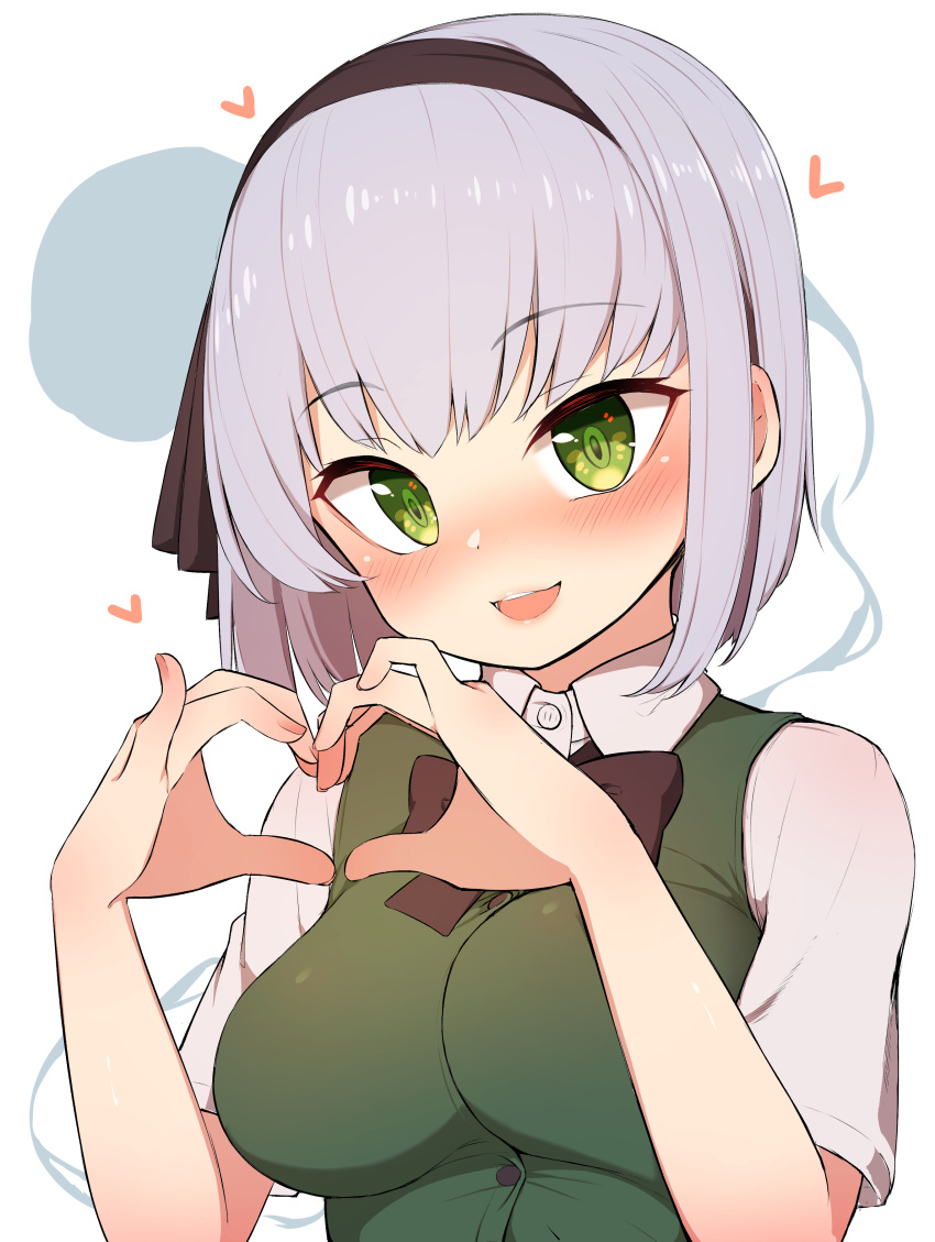 1girl absurdres bangs black_bow black_bowtie black_hairband blush bow bowtie breasts buttons collared_shirt commentary_request dress eyebrows_visible_through_hair fingernails ghost green_dress green_eyes grey_hair grey_shirt hair_between_eyes hairband hands_up heart heart_hands highres konpaku_youmu konpaku_youmu_(ghost) looking_at_viewer medium_breasts moyashi_baasuto open_mouth shirt short_hair short_sleeves simple_background smile solo teeth tongue touhou upper_body white_background