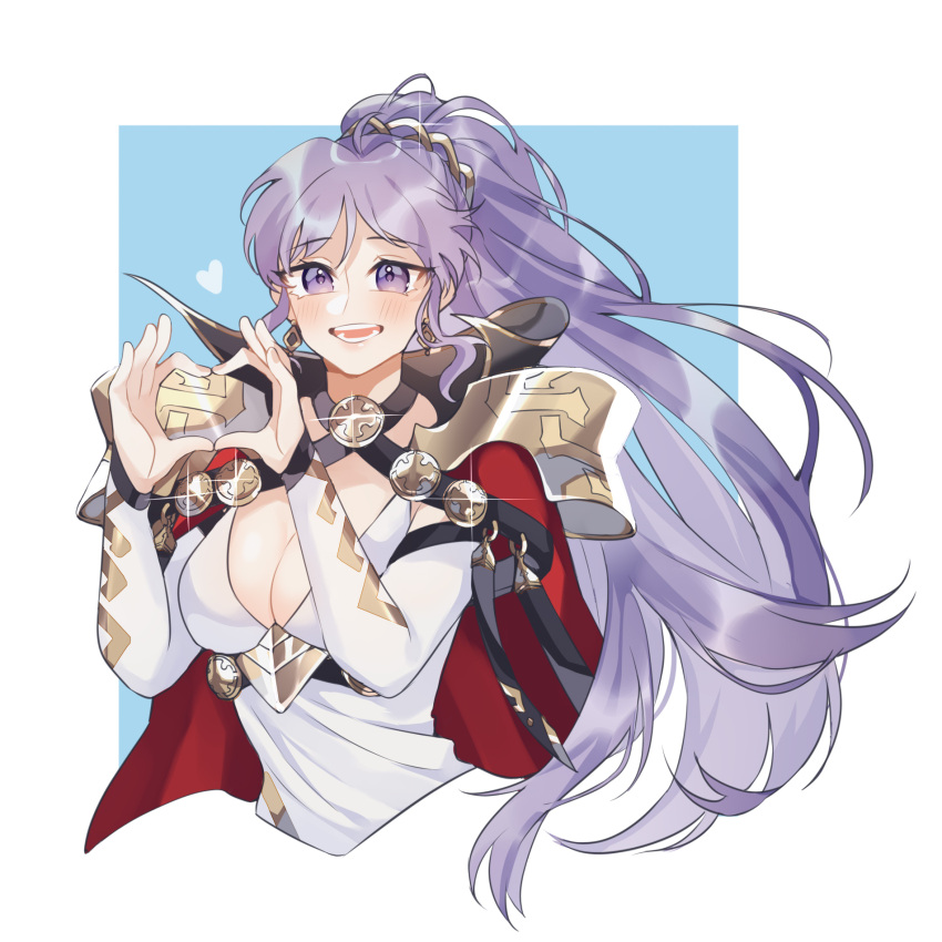 1girl alternate_costume breasts commission commissioner_upload eyebrows_visible_through_hair fire_emblem fire_emblem:_genealogy_of_the_holy_war fire_emblem_heroes heart heart_hands highres inkanii ishtar_(fire_emblem) long_hair looking_at_viewer md5_mismatch open_mouth purple_hair resolution_mismatch simple_background smile solo source_smaller violet_eyes white_background