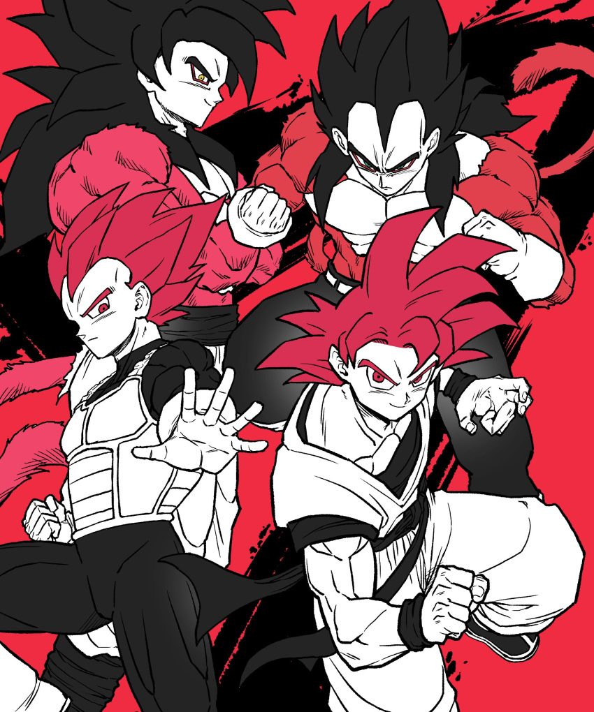 4boys absurdres bakarott belt black_hair blue_eyes body_fur closed_mouth dougi dragon_ball dragon_ball_gt dragon_ball_super dragon_ball_z_dokkan_battle dual_persona fighting_stance highres limited_palette monkey_tail multiple_boys pants red_eyes redhead sash serious smile son_goku spiky_hair super_saiyan super_saiyan_4 super_saiyan_god tail vegeta yellow_eyes