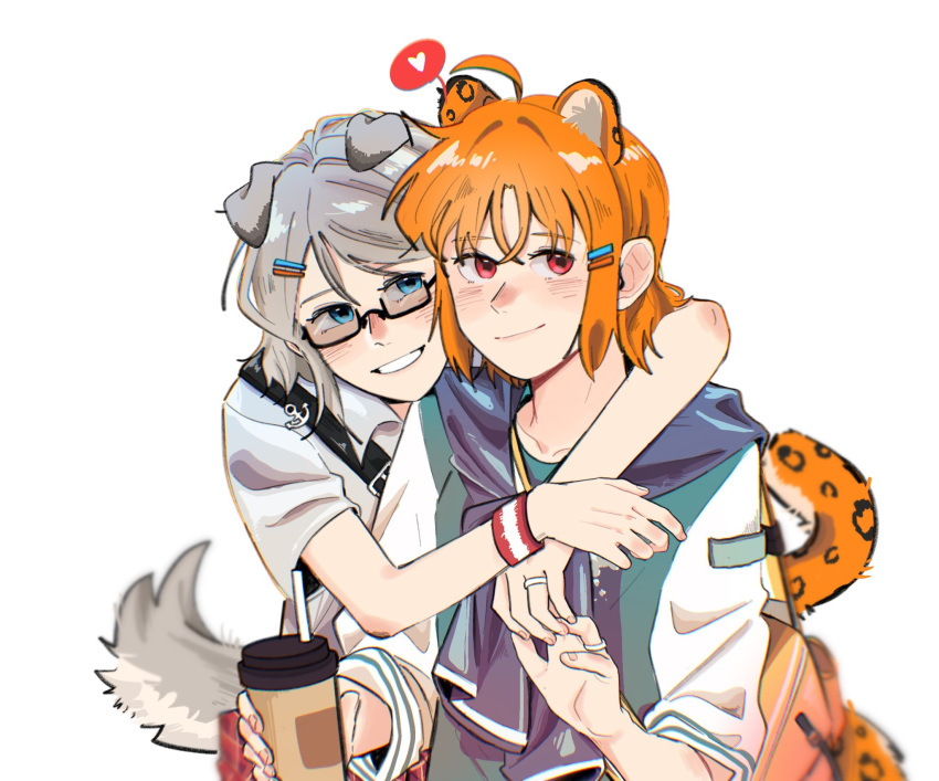 2girls animal_ears blue_eyes blush closed_mouth coffee_cup commentary cup disposable_cup dog_ears dog_girl dog_tail glasses grey_hair grey_shirt hair_ornament hairclip heart highres holding holding_cup holding_hands hug hug_from_behind jacket_around_neck jewelry kemonomimi_mode leopard_ears leopard_girl leopard_tail looking_at_viewer love_live! love_live!_sunshine!! multiple_girls orange_hair parted_lips red_eyes red_wristband ring saki_rkaina shirt short_hair short_sleeves simple_background smile tail takami_chika upper_body watanabe_you white_background wristband yuri
