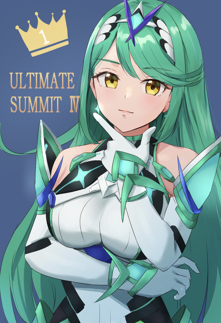 1girl alternate_color bangs bare_shoulders breasts chest_jewel dress earrings elbow_gloves gloves highres jewelry large_breasts long_hair mythra_(massive_melee)_(xenoblade) mythra_(xenoblade) pneuma_(xenoblade) solo super_smash_bros. swept_bangs thrananaart tiara very_long_hair white_dress white_gloves xenoblade_chronicles_(series) xenoblade_chronicles_2 yellow_eyes