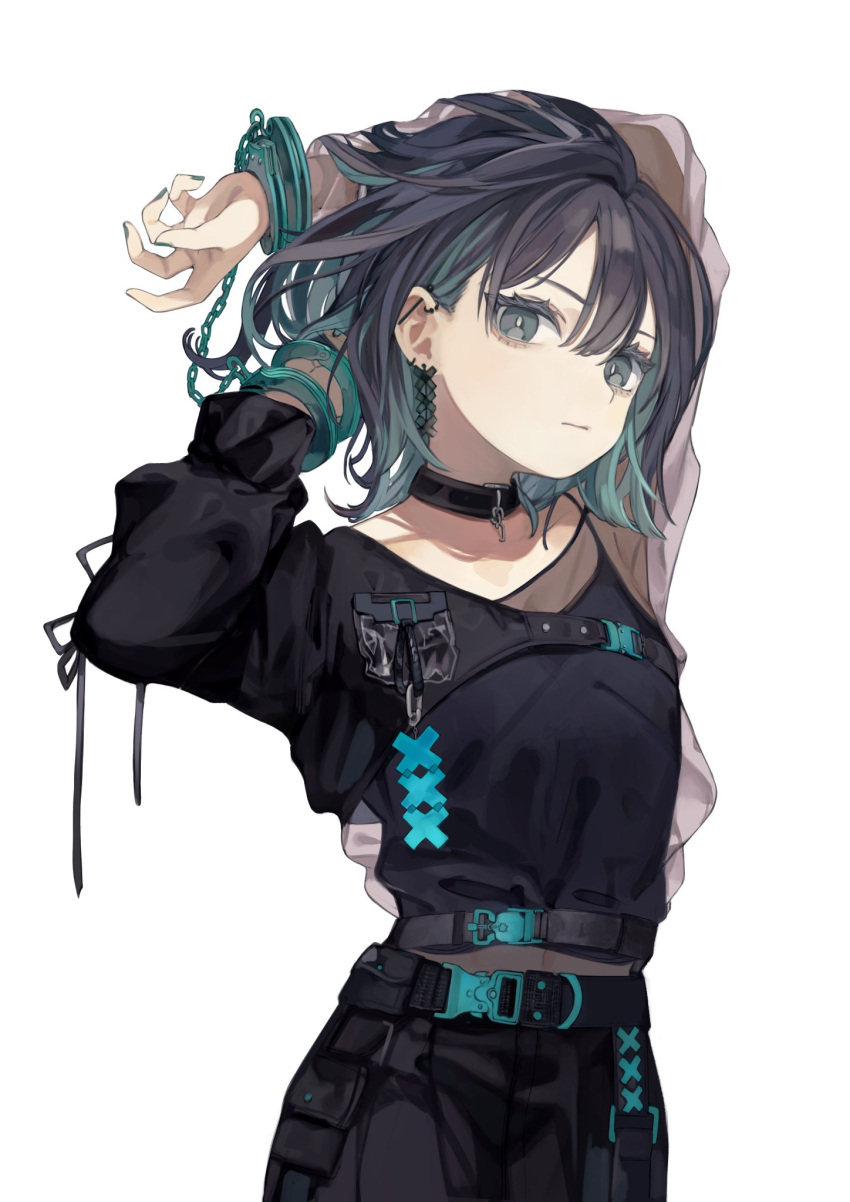 1girl animal_collar arms_up bangs belt black_hair blue_hair closed_mouth collar cuffs duplicate earrings gradient_hair handcuffs highres jewelry multicolored_hair original pixel-perfect_duplicate see-through_sleeves short_hair simple_background solo tokiwata_soul white_background