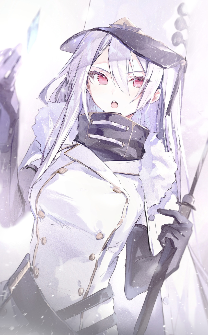 1girl absurdres arm_up azur_lane bangs black_gloves breasts coat elbow_gloves eyebrows_visible_through_hair fur-trimmed_coat fur_trim gloves highres irohatomo long_hair looking_at_viewer open_mouth papakha red_eyes silver_hair simple_background snowflake_background snowflakes solo sovetskaya_rossiya_(azur_lane) standing teeth upper_teeth white_coat white_headwear winter_clothes winter_coat