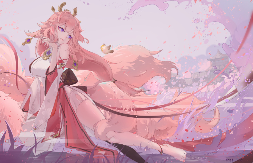 1girl ai_dongdong animal_ears animal_on_shoulder anklet bare_legs bare_shoulders barefoot bird bird_on_shoulder detached_sleeves earrings genshin_impact highres japanese_clothes jewelry long_hair nail_polish partially_submerged pink_hair red_nails toenail_polish toenails violet_eyes water yae_miko