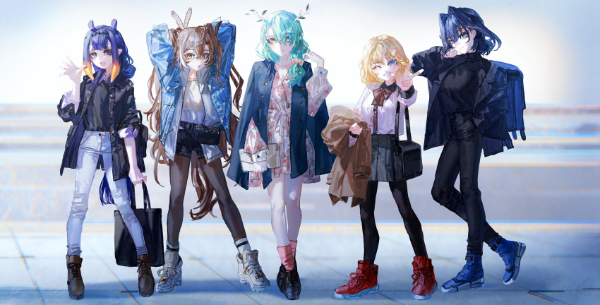 5girls :o ;) alternate_costume animal_ears antlers arms_behind_head arms_up backpack bag black_footwear black_jacket black_legwear black_pants black_skirt blazer blonde_hair blue_eyes blue_footwear blue_hair blue_jacket bow bowtie branch brown_footwear brown_hair brown_legwear ceres_fauna coat coat_on_shoulders denim denim_jacket dress fanny_pack fashion feather_hair_ornament feathers floral_print green_hair grey_skirt hair_intakes hair_ornament hand_up high_tops highres holding holding_bag holding_clothes holding_jacket hololive hololive_english jacket long_hair long_sleeves medium_hair messenger_bag multicolored_hair multiple_girls nanashi_mumei ninomae_ina'nis one_eye_closed open_clothes open_jacket ouro_kronii pants pantyhose parted_lips print_dress purple_hair quasarcake red_bow red_bowtie red_footwear red_legwear ribbon shirt shoes short_shorts shorts shoulder_bag skirt smile sneakers socks streaked_hair symbol-only_commentary tentacle_hair tote_bag trench_coat v very_long_hair virtual_youtuber watson_amelia waving white_footwear white_pants white_shirt yellow_eyes