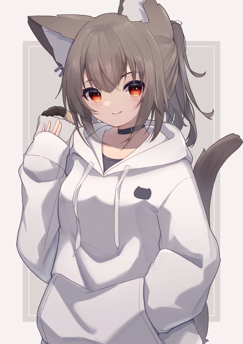 1girl absurdres animal_ears bangs black_choker black_shirt blush breasts brown_hair cat_ears cat_girl cat_tail choker closed_mouth collarbone doughnut drawstring ear_piercing eyebrows_visible_through_hair food grey_background hair_between_eyes hand_in_pocket hand_up highres hinata_(user_rjkt4745) holding holding_food hood hood_down hoodie long_hair long_sleeves looking_at_viewer original piercing ponytail puffy_long_sleeves puffy_sleeves red_eyes shirt sleeves_past_wrists small_breasts smile solo tail tail_raised upper_body white_hoodie