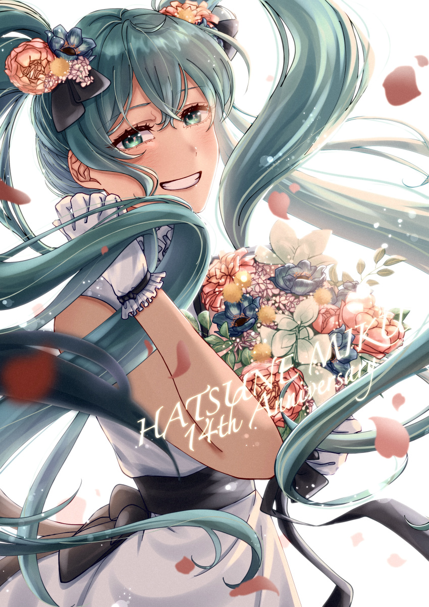 1girl absurdres aqua_hair bangs black_bow blue_flower bouquet bow character_name dress floating_hair flower from_side gloves green_eyes grin hair_between_eyes hair_bow hair_flower hair_ornament hatsune_miku highres holding holding_bouquet long_hair looking_at_viewer motion_blur petals pink_flower shiny shiny_hair sleeveless sleeveless_dress smile solo standing tokioka_a7 twintails very_long_hair vocaloid white_dress white_gloves
