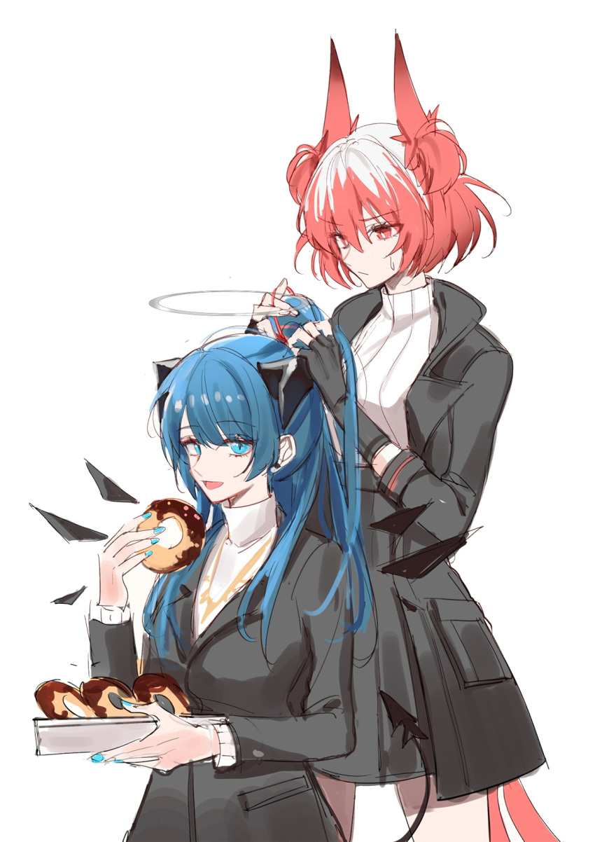 2girls :d alternate_costume alternate_hairstyle animal_ears arknights bird_ears bird_girl bird_tail black_coat black_gloves black_skirt black_wings blue_hair blue_nails coat dark_halo demon_girl demon_horns demon_tail doughnut ear_piercing eyebrows_visible_through_hair fingerless_gloves food formal gloves highres holding holding_food holding_tray horns looking_at_viewer luren_max mostima_(arknights) multicolored_hair multiple_girls open_clothes open_coat open_mouth piercing ponytail redhead ribbed_sweater short_hair simple_background skirt smile standing streaked_hair suffering_(arknights) sweater tail tray tying_hair white_background white_hair white_sweater wings