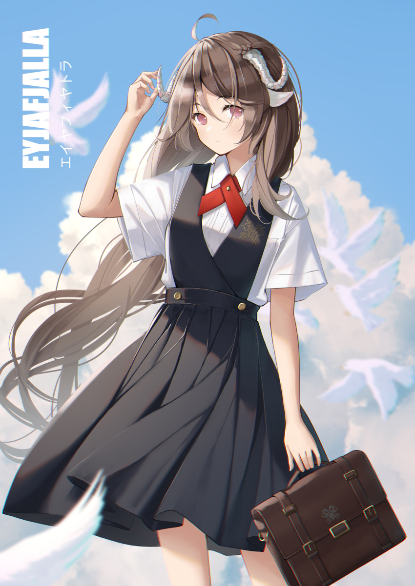 1girl ahoge animal_ears arknights arm_up bag bangs bird black_dress blue_sky braid brown_hair character_name closed_mouth collared_shirt day dress eyebrows_visible_through_hair eyjafjalla_(arknights) feet_out_of_frame highres holding holding_bag horns long_hair looking_at_viewer outdoors parted_bangs red_eyes school_briefcase school_uniform sheep_ears sheep_girl sheep_horns shirt sin. sky solo standing very_long_hair white_shirt