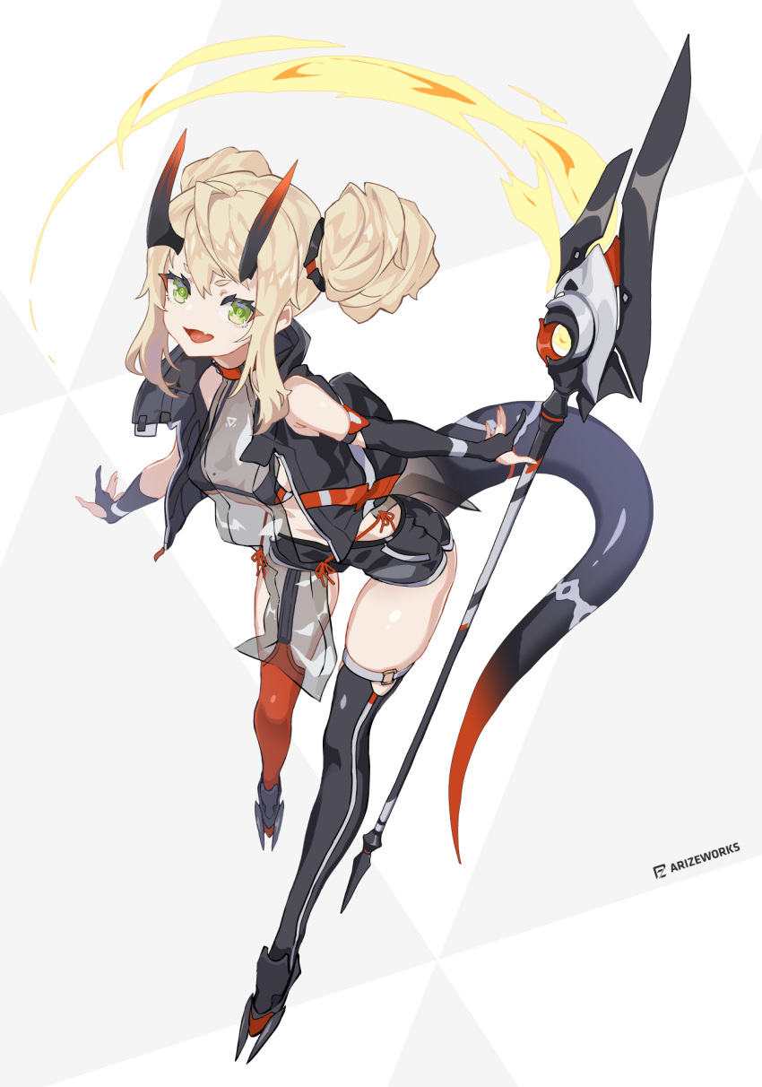 1girl bangs bikini bikini_top_only blonde_hair cancell double_bun dragon_horns dragon_tail fang green_eyes highres holding holding_weapon horns looking_at_viewer open_mouth original science_fiction shorts skin_fang swimsuit tail thigh-highs weapon white_background