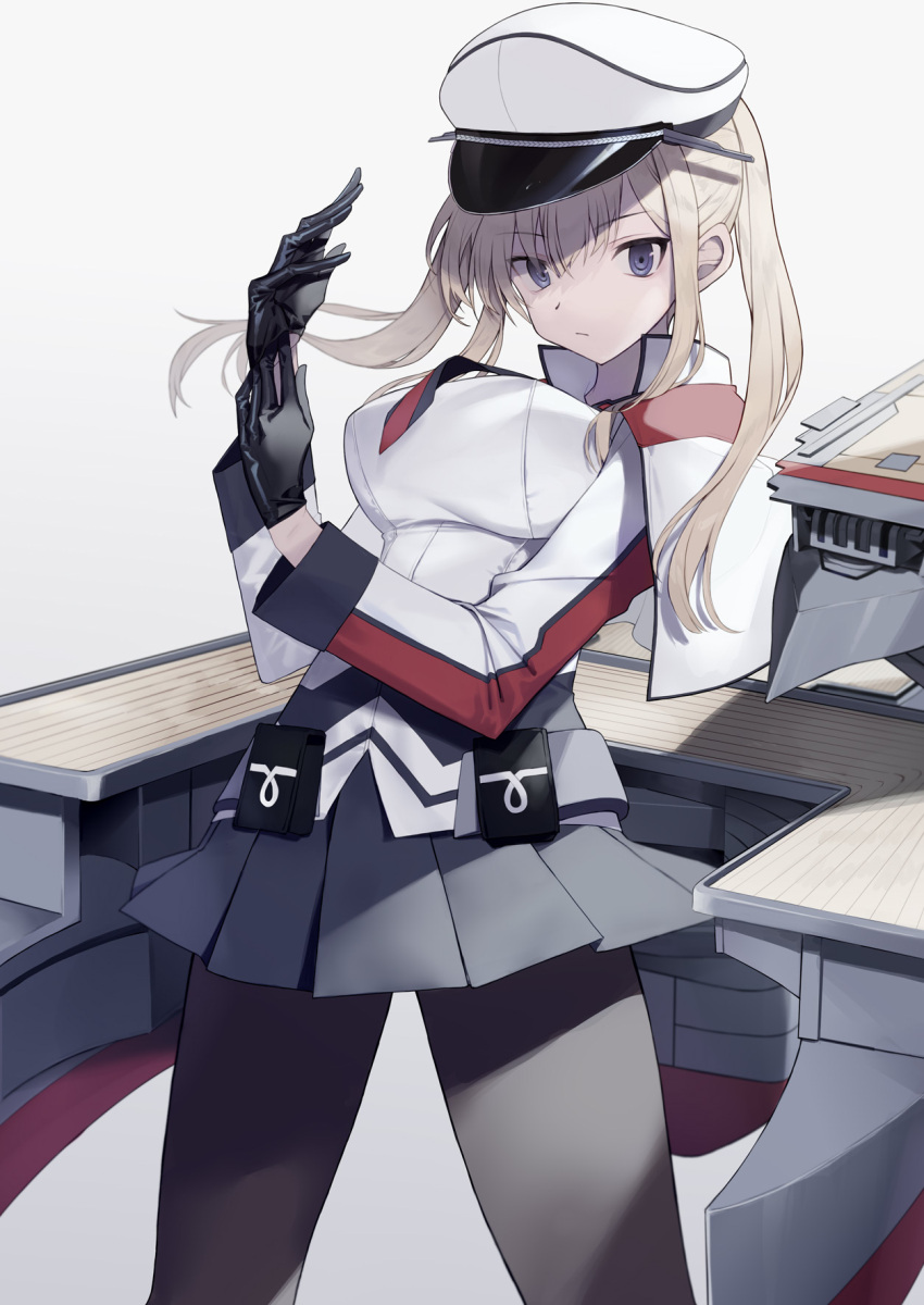 1girl black_gloves black_legwear blonde_hair breasts capelet cowboy_shot cross gloves graf_zeppelin_(kancolle) grey_eyes hair_between_eyes hat highres jacket kantai_collection large_breasts looking_at_viewer machinery military military_hat military_uniform miniskirt necktie pantyhose peaked_cap picoli1313 sidelocks simple_background skirt solo tsurime twintails uniform white_background