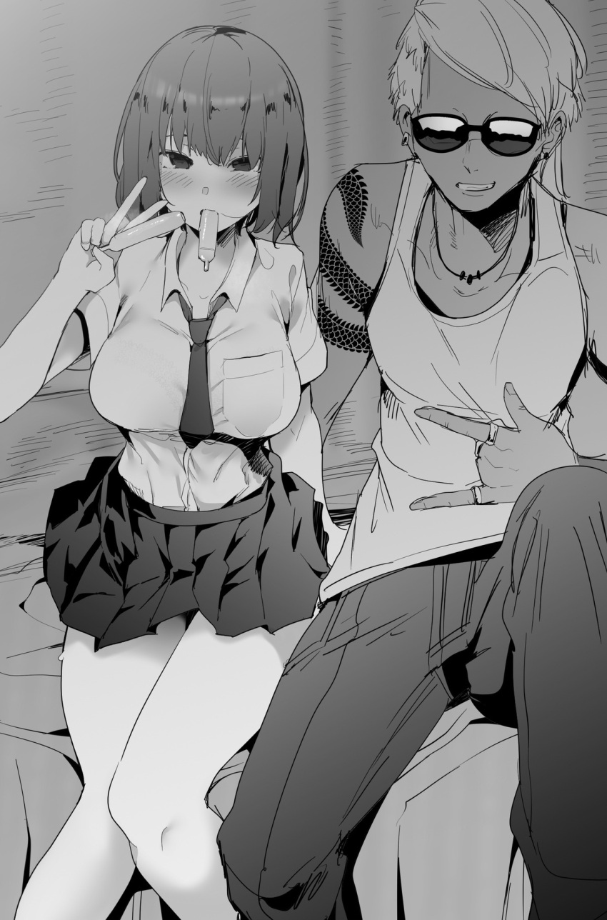 1boy 1girl bralines breasts brother_and_sister dark-skinned_male dark_skin food greyscale highres ice_cream large_breasts monochrome mouth_hold necktie original ryouma_(galley) school_uniform see-through siblings sunglasses tank_top tattoo tupet v