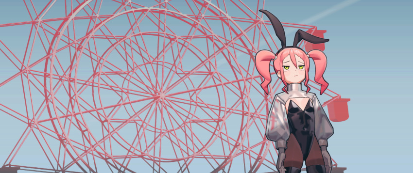 1girl absurdres animal_ears arms_at_sides black_leotard breasts covered_navel english_commentary fake_animal_ears ferris_wheel from_below green_eyes highres leotard original pantyhose pink_hair playboy_bunny rabbit_ears saaal653 see-through_sleeves shrug_(clothing) small_breasts solo thigh-highs twintails