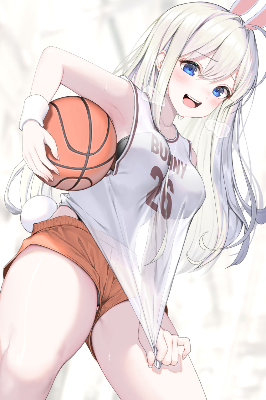 1girl :d absurdres animal_ears bangs basketball basketball_jersey black_leotard blue_eyes blurry blurry_background breasts brown_shorts carrying carrying_under_arm clothes_writing collarbone commentary dduck_kong depth_of_field english_commentary english_text eyebrows_visible_through_hair hair_between_eyes heavy_breathing highres leotard leotard_under_clothes long_hair looking_at_viewer medium_breasts original playboy_bunny rabbit_ears see-through short_shorts shorts smile solo strapless strapless_leotard sweatband tank_top very_long_hair white_hair white_tank_top wristband