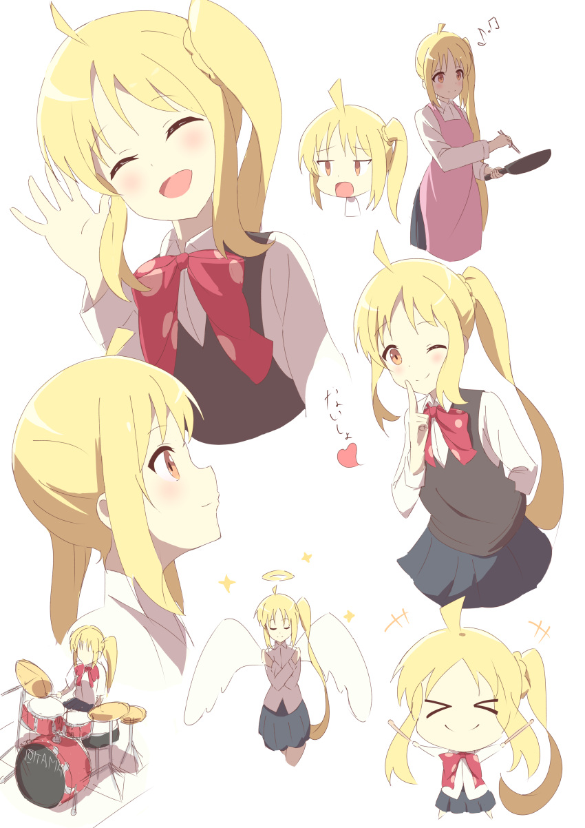 &gt;_&lt; 1girl :d absurdres ahoge angel angel_wings apron blonde_hair blush bocchi_the_rock! bow brown_eyes brown_sweater_vest chibi closed_eyes closed_mouth collared_shirt commentary cooking drum drumsticks halo hand_up heart highres holding holding_drumsticks ijichi_nijika index_finger_raised instrument kaai_yuu long_hair looking_at_viewer looking_up multiple_views musical_note one_eye_closed open_mouth parted_bangs pink_apron profile red_bow school_uniform shirt side_ponytail sidelocks simple_background sketch smile sparkle sweater_vest translated very_long_hair waving white_background white_shirt wings