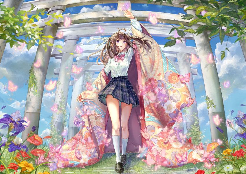 1girl animal arm_up black_footwear bow brown_kimono bug butterfly collared_shirt commentary_request day diagonal-striped_bow dress_shirt floral_print grey_skirt highres japanese_clothes kimono loafers long_sleeves official_art open_clothes open_kimono original outdoors pink_bow pisuke plaid plaid_skirt pleated_skirt print_kimono puffy_long_sleeves puffy_sleeves shirt shoes skirt socks solo torii white_legwear white_shirt