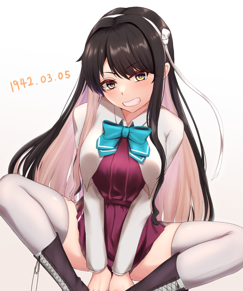 1girl absurdres aqua_bow aqua_bowtie arugou black_hair blazer boots bow bowtie breasts collared_jacket cross-laced_footwear dated dress eyebrows_visible_through_hair fang grey_legwear hair_ornament hairband halterneck highres indian_style jacket kantai_collection lace-up_boots large_breasts long_hair long_sleeves multicolored_hair naganami_(kancolle) open_mouth pink_hair purple_legwear shirt simple_background sitting smile solo thigh-highs two-tone_hair white_background white_hairband white_shirt yellow_eyes
