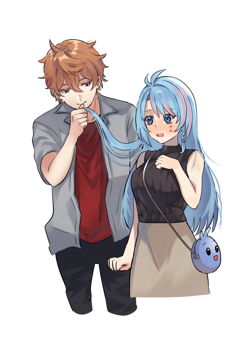 1boy 1girl absurdres azura_cecillia bag black_pants black_sweater blue_eyes blue_hair blush braid breasts brown_hair clenched_hand commission dating english_commentary genshin_impact grey_shirt hair_behind_ear hand_on_own_chest handbag hetero highres holding holding_hair large_breasts long_hair looking_down mio_(yuki_mochi) multicolored_hair nijisanji nijisanji_id open_mouth pants pink_hair red_shirt second-party_source shirt side_braid sleeveless sleeveless_sweater smelling_hair smile streaked_hair surprised sweater tartaglia_(genshin_impact) virtual_youtuber white_background
