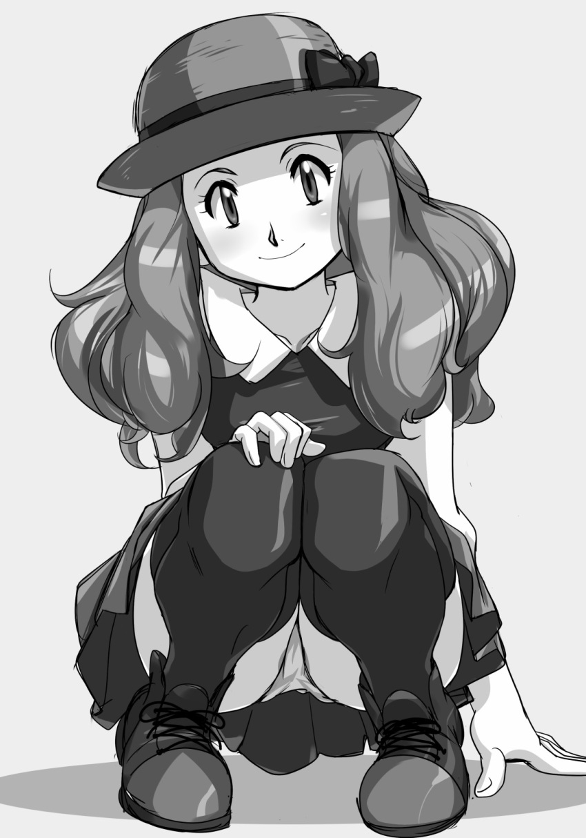 1girl arm_support bare_arms bow closed_mouth collared_shirt commentary_request eyelashes full_body greyscale hand_on_own_knee hat hat_bow highres hinokawa_jun long_hair looking_at_viewer monochrome panties pokemon pokemon_(anime) pokemon_xy_(anime) serena_(pokemon) shiny shiny_hair shirt shoes skirt sleeveless sleeveless_shirt smile solo squatting thigh-highs underwear